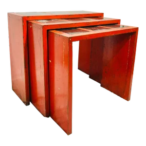 Mid 20th Century Vintage Asian Red & Black Lacquered Nesting Console Table - Set of 3