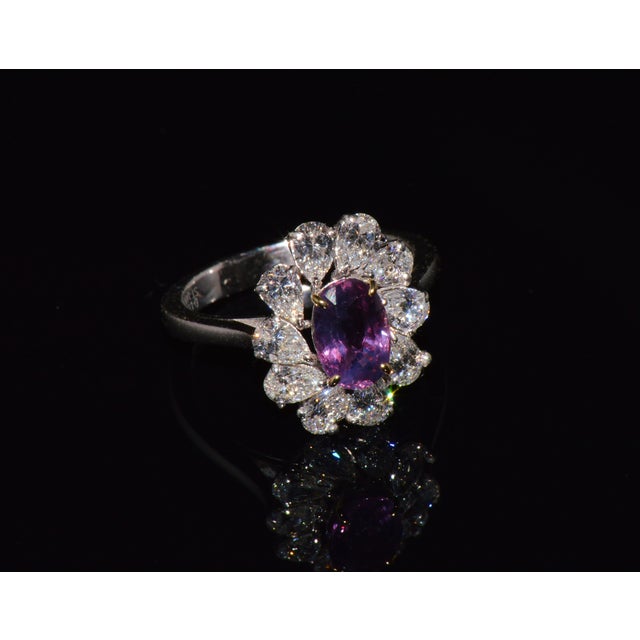 Early 21st Century Gia Certified 3.15ct No-Heat Purple Pink Sapphire & Diamond 18k Gold Halo Ring, Size 6.5 For Sale - Image 5 of 18