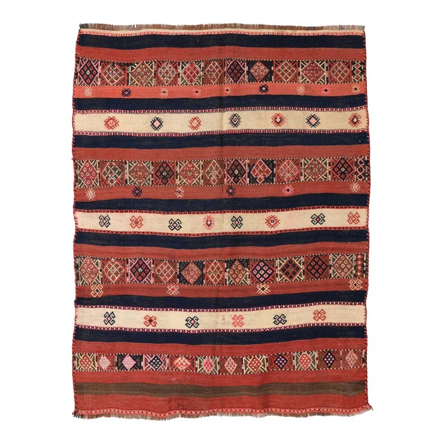Embroidered Vintage Kilim Rug - 4`9″ X 6`1″ For Sale