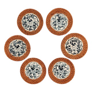Asian Bat Trang Vietnam Rattan & Ceramic Coasters With Blue Lotus Floral Motif - Set of 6 For Sale