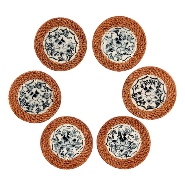 Asian Bat Trang Vietnam Rattan & Ceramic Coasters With Blue Lotus Floral Motif - Set of 6 For Sale