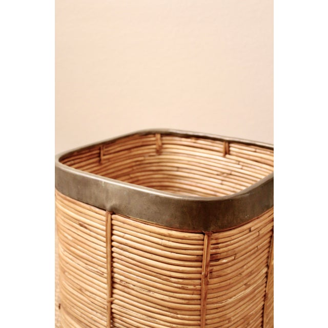 Mid-Century Modern Large Italian Rattan and Brass Planter, 1970s For Sale - Image 3 of 4