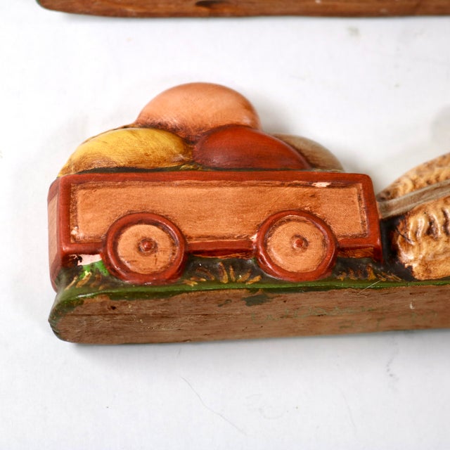 Vintage Wesson Folk Art Chalkware Bunny Rabbits Pushing Cart of Eggs Figurines-a Pair For Sale - Image 15 of 16