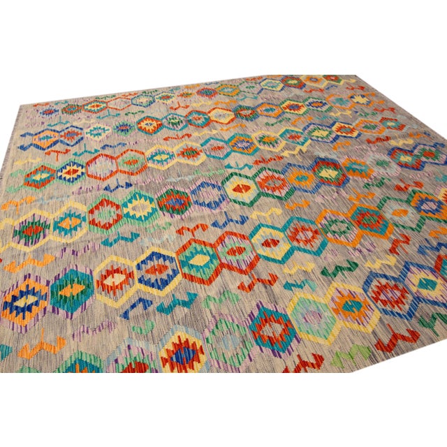 Colorful Modern Kilim Handmade Wool Rug For Sale - Image 4 of 10