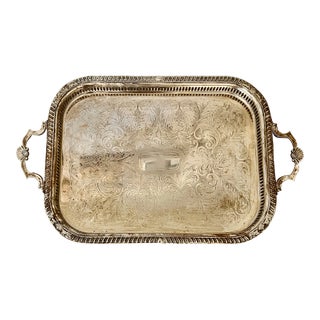 Antique English Shell Handle Silver Plated Serving Tray For Sale