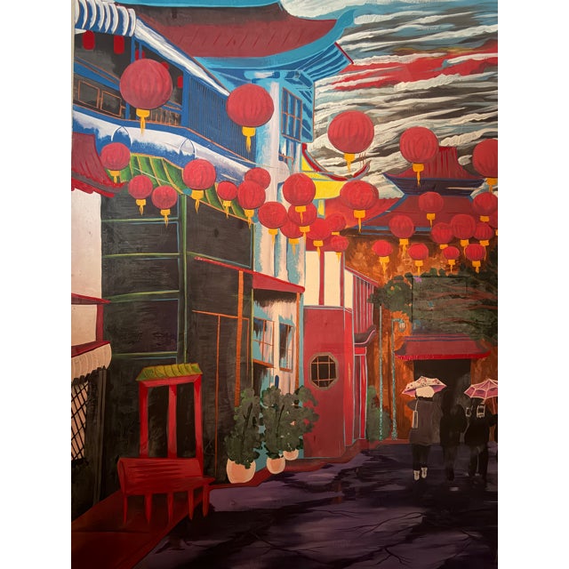 Red Late 20th Century Lantern-Lit Los Angeles Chinatown Street Scene, Original Acrylic on Canvas For Sale - Image 8 of 8