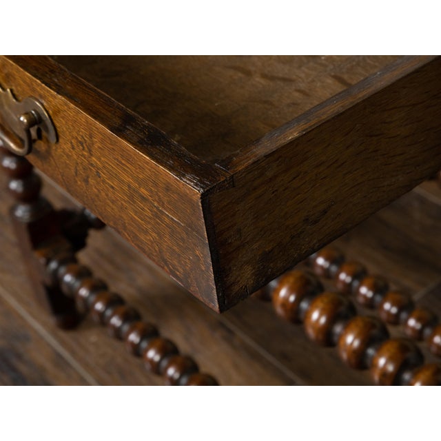 English 19th Century Oak Bobbin Leg Table with Single Drawer and Cross Stretcher For Sale - Image 12 of 12