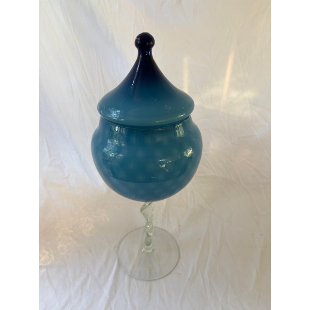 Mid-Century Modern Empoli Italian Vintage Art Glass Bowl With Pedestal in Cerulean Ombré Blue For Sale - Image 3 of 5