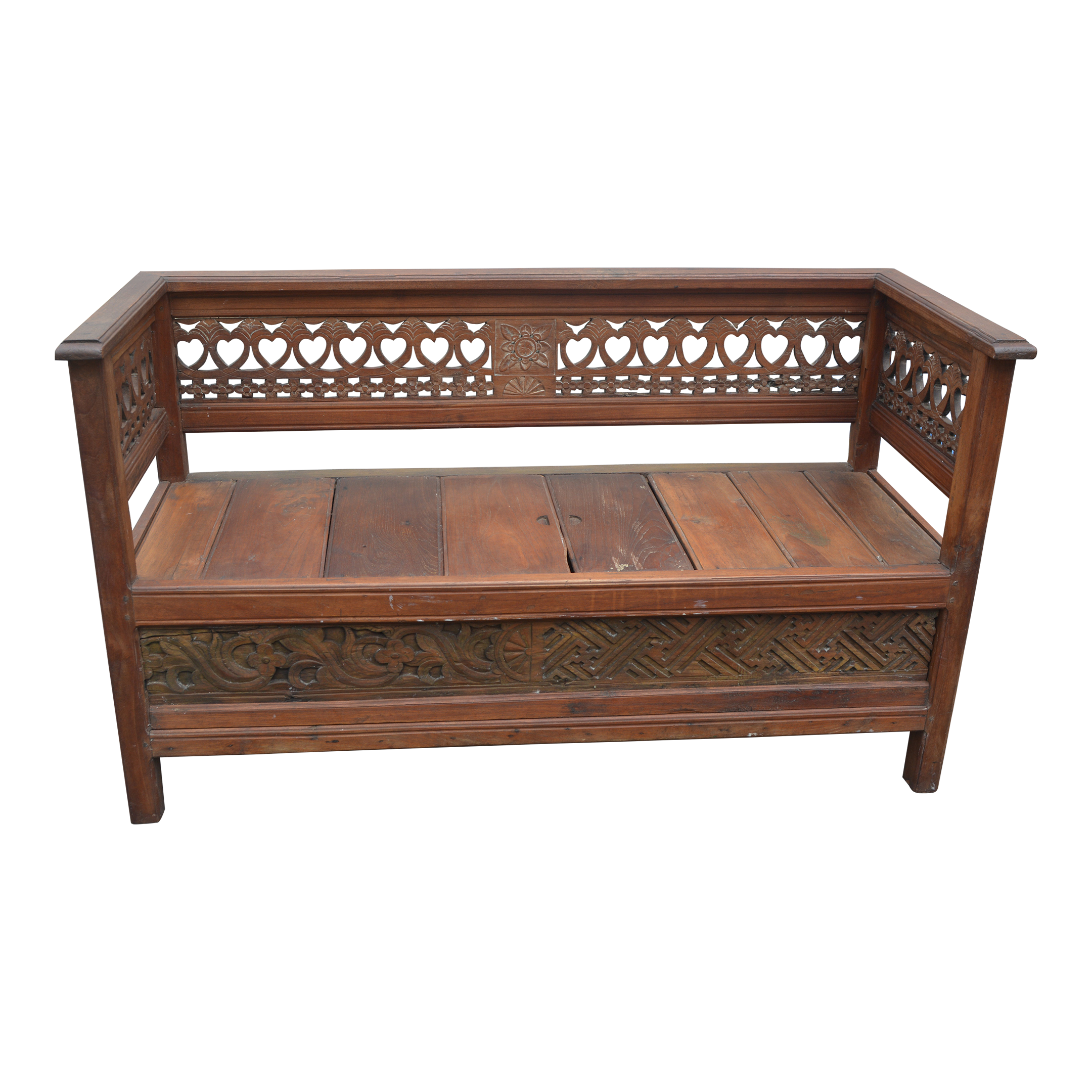 Vintage Carved Wood Bench Settle Seat With Carved Edge / Arms