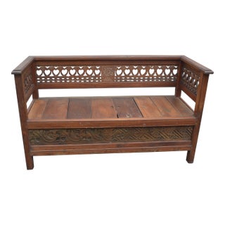 Vintage Carved Wood Bench Settle Seat With Carved Edge / Arms & Panel Seat With Storage For Sale