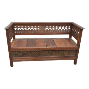 Vintage Carved Wood Bench Settle Seat With Carved Edge / Arms & Panel Seat With Storage