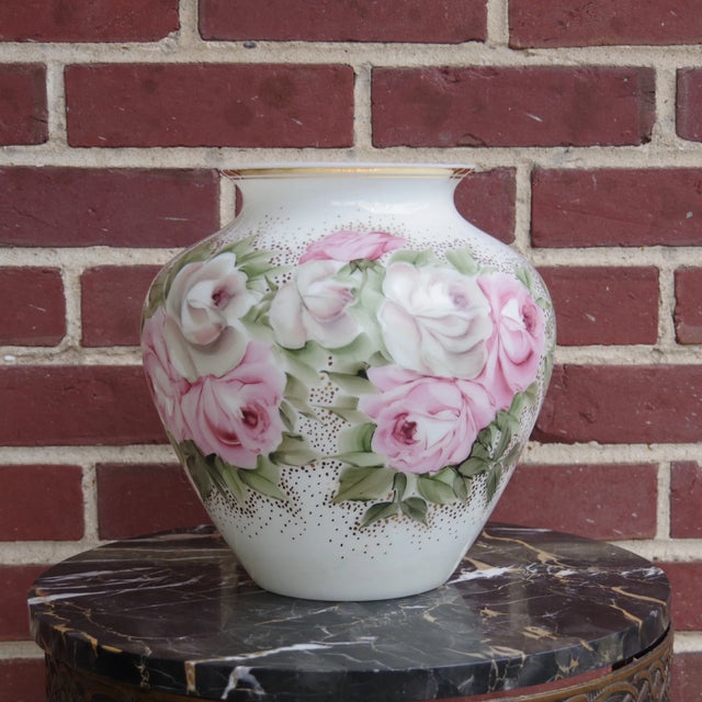 Glass Rose Bouquet Hand-Painted Large Milk Glass Vase, Circa Late 20th Century For Sale - Image 7 of 7