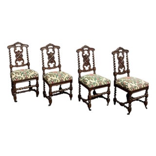 Set of Four 19th Century Renaissance Revival Louis XIII Style Barley Twist Side Chairs in Solid Oak For Sale