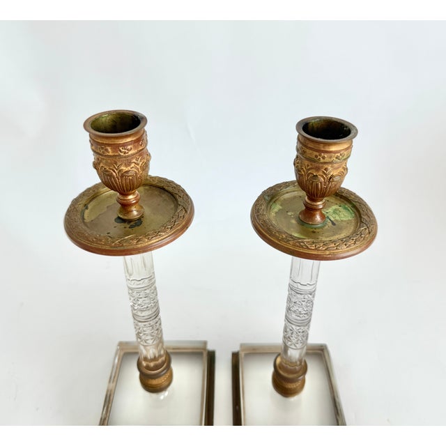 Early 19th Century 19th C French Restoration Gilt Bronze & Cut Crystal Candlesticks - A Pair For Sale - Image 5 of 13