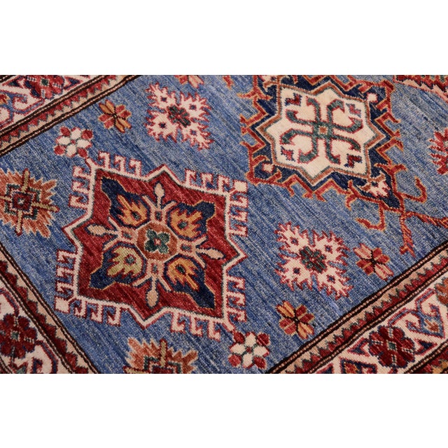 Rustic Rustic Super Kazak Blue/Beige Wool Runner Rug- 2'8'' X 10'6'' For Sale - Image 3 of 10