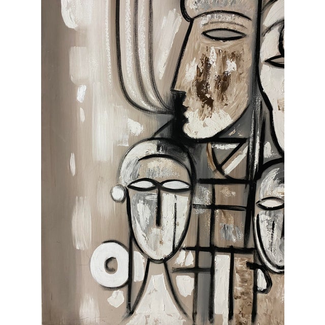 Large Tom Hayward Abstract Figural Painting, Cubist Style Faces, Neutral Tones For Sale - Image 9 of 15