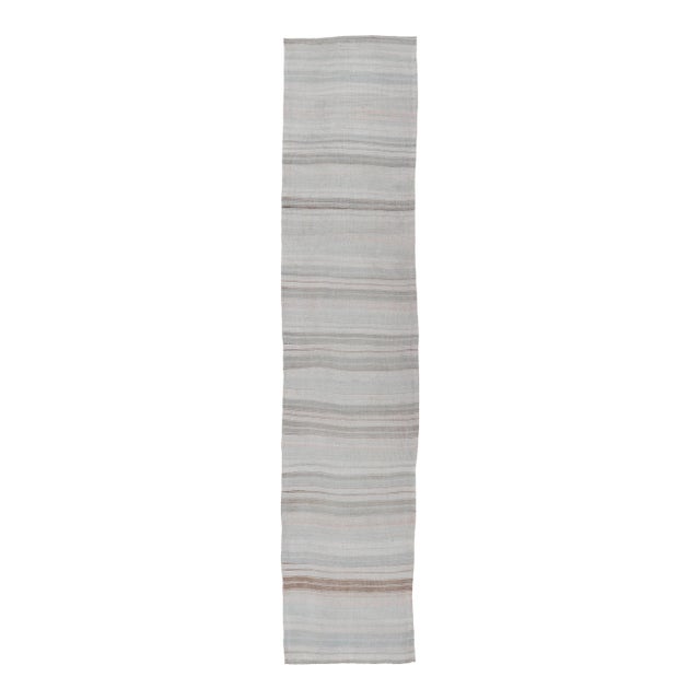 Vintage Turkish Kilim Runner With Soft Gray, Ivory, Sand, and Taupe Stripes For Sale