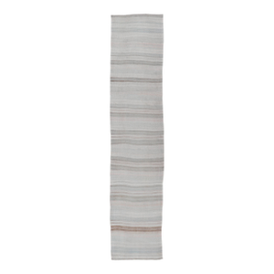 Vintage Turkish Kilim Runner With Soft Gray, Ivory, Sand, and Taupe Stripes