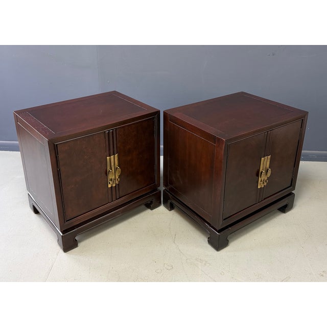 Brown Pair of Tai Ming Burl Wood Nightstands by Drexel, Asian Modern Style, 1970s For Sale - Image 8 of 13