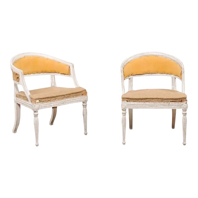 Swedish Gustavian Style Painted Tub Chairs with Carved Campanula Friezes - A Pair For Sale