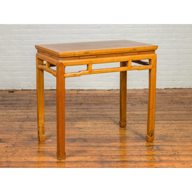 Chinese Ming Dynasty Style Vintage Elm Waisted Table with Humpbacked Stretcher For Sale In New York - Image 6 of 13