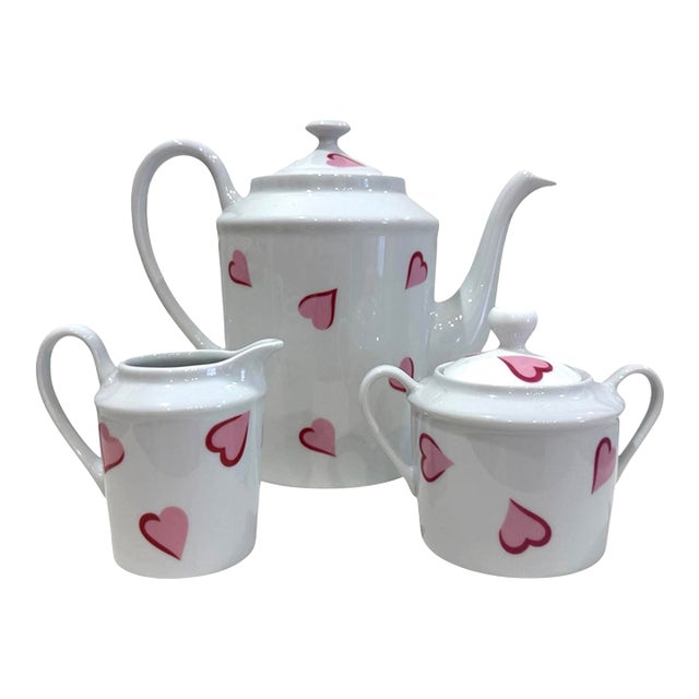 D Porthault "Coeurs" Porcelain Coffee Pot, Creamer and Sugar Bowl For Sale