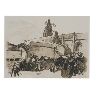 Mathurin Meheut, The Entrance to the Church, 1937, Engraving For Sale