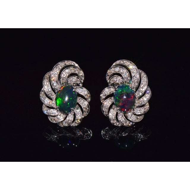 Early 21st Century Certified Natural 3.45Cts vs F Diamond Black Opal 18k Solid Gold Cocktail Swirl Earrings - 2 Pieces For Sale - Image 5 of 10