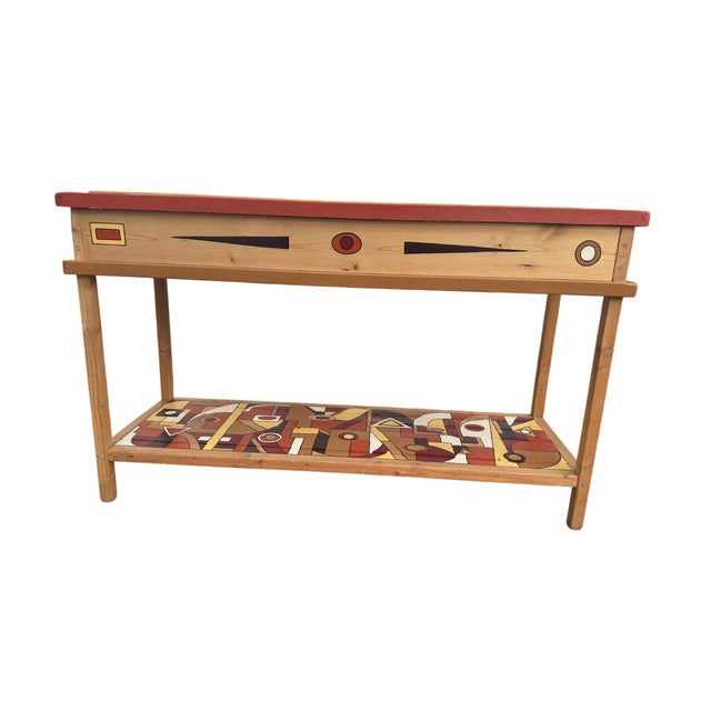Wood Vintage Hand Painted Geometric Wood and Glass Display Case Console For Sale - Image 7 of 10