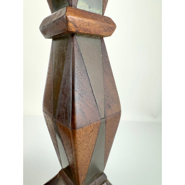 Mid-Century Modern 1960s Mid-Century Faceted Wood & Inlaid Metal Candlesticks, Geometric Modernist Form, a Pair For Sale - Image 3 of 9