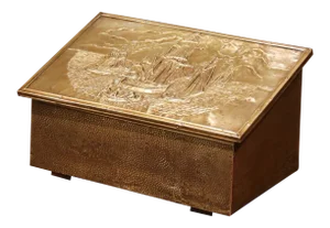 Early 20th Century French Repousse Brass and Wooden Box With Sailboats Decor