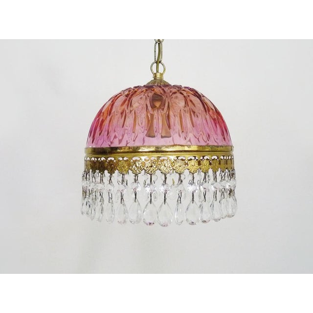 Vintage Pink Pendant Light with Tassels and Patterned Glass Globe, 1970s For Sale - Image 3 of 9