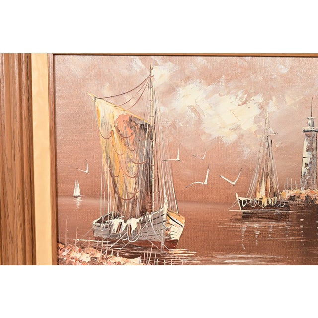 Early 20th Century Rikard Lindström Original Signed Oil Painting on Canvas of Ships in Harbor in Carved Wood Frame For Sale - Image 5 of 13