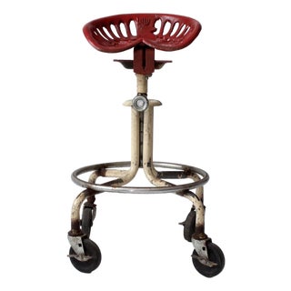 Vintage Industrial Rolling Stool With Cast Iron Tractor Seat For Sale