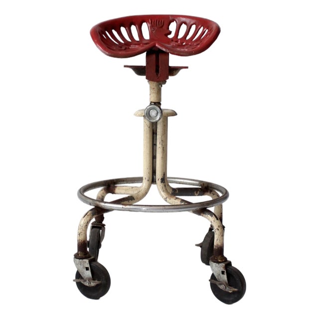 Vintage Industrial Rolling Stool With Cast Iron Tractor Seat For Sale