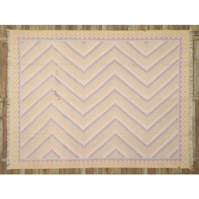 Apricot Vintage Boho Chic Dhurrie Area Rug With Pastel Colors - 9'2 X 11'10 For Sale - Image 8 of 10