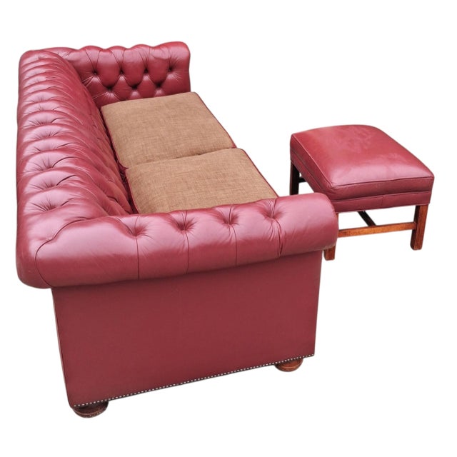 Vintage-Inspired 3-Piece Leather Living Room Set With a Tufted Chesterfield Sofa, a Classic Wingback Armchair & Rectangular Ottoman. For Sale - Image 11 of 12