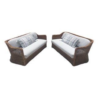 Vintage Braided Wicker Sofas, Michael Taylor Style With New Perennials Upholstery For Sale