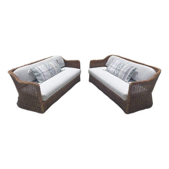 Vintage Braided Wicker Sofas, Michael Taylor Style With New Perennials Upholstery For Sale