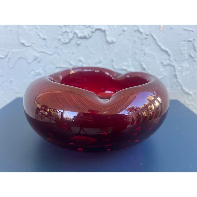 1970s Large Handblown Ruby Red Controlled Bubble Glass Ashtray / Art Glass Catchall Bowl For Sale - Image 5 of 8