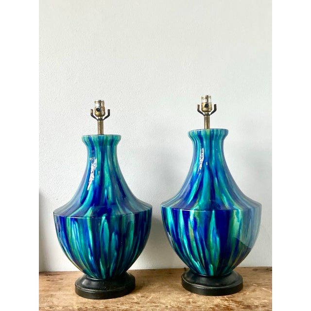 Cerulean Vintage MCM Drip Glazed Ceramic Lamps - A Pair For Sale - Image 8 of 12
