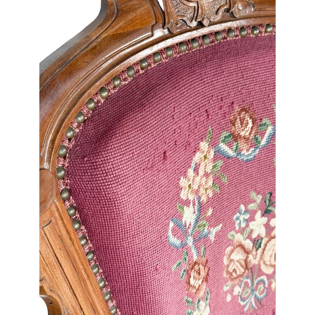 Vintage Renaissance Revival Carved Armchair With Burgundy Floral Upholstery For Sale - Image 14 of 18