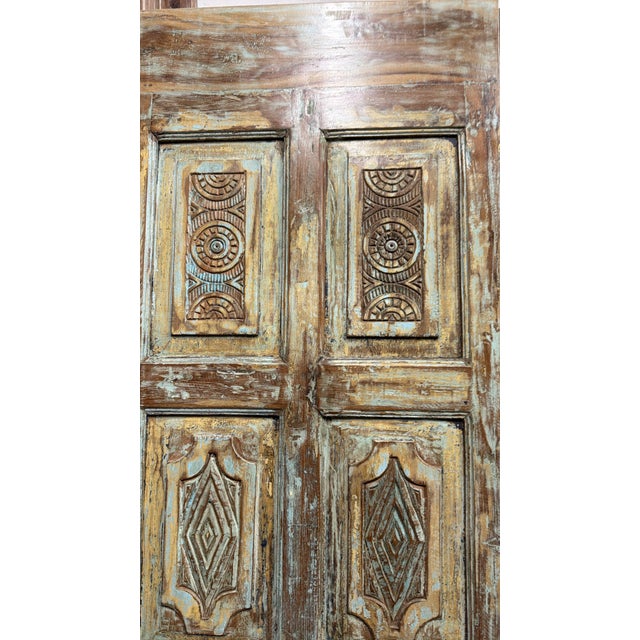 Vintage Carved Wood Single Door in Rustic Blue | Handcrafted Farmhouse Barn Door 80x32 For Sale - Image 4 of 5