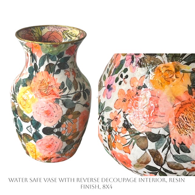 Boho Chic Floral Vase With Resin Finish and Reverse Decoupage Interior- Water Safe For Sale - Image 3 of 3