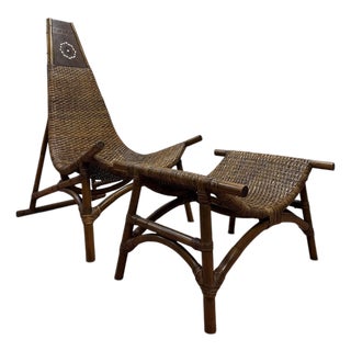 Mid-Century British Colonial Style Rattan High-Back Throne Lounge Chair and Ottoman – Set of 2 For Sale