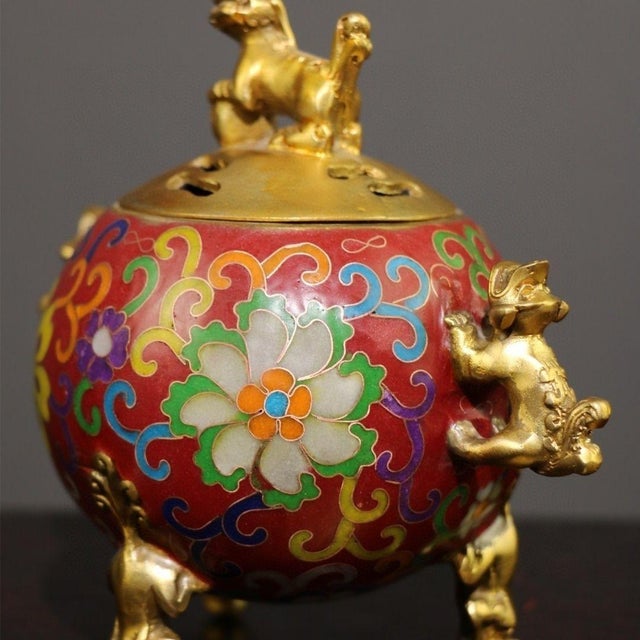 Metal Vintage Cloisonne Enamel Incense Burner – 6.1" Gilt Lion Censer With Floral Motif For Sale - Image 7 of 9