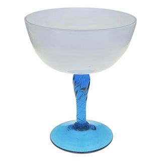 Mid-20th Century Empoli-Style Opaline Glass Compote With Hand Blown Blue Glass Stem and Foot For Sale