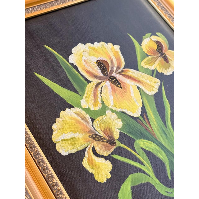 Contemporary "Irises" Original Contemporary Botanical Oil Painting on Canvas With Black Background For Sale - Image 3 of 14