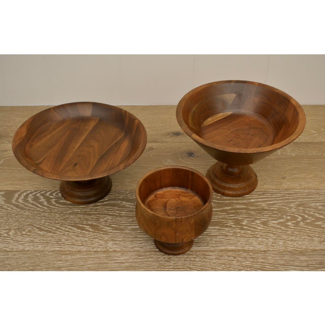 Set of 3 mid century walnut compote bowls of Danish influence by Lebanon Manufacturing. For functional use or display. 10"...