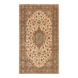 1940s Traditional Ivory Field Floral Vintage Tabriz Silk Highlights Carpet Rug For Sale